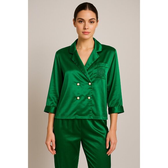 Vintage Victoria’s Secret Gold Label Satin Pajama Set Green w/ Pearl Buttons S - Picture 1 of 7